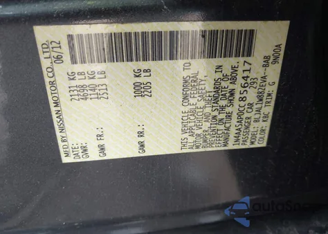 2012 Nissan Maxima 3.5 Sv из США, поврежденный, VIN 1N4AA5AP0CC856417